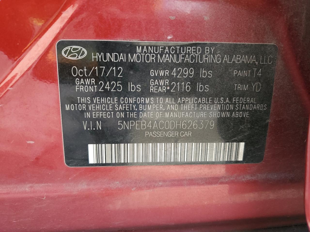 5NPEB4AC0DH626379 2013 Hyundai Sonata Gls