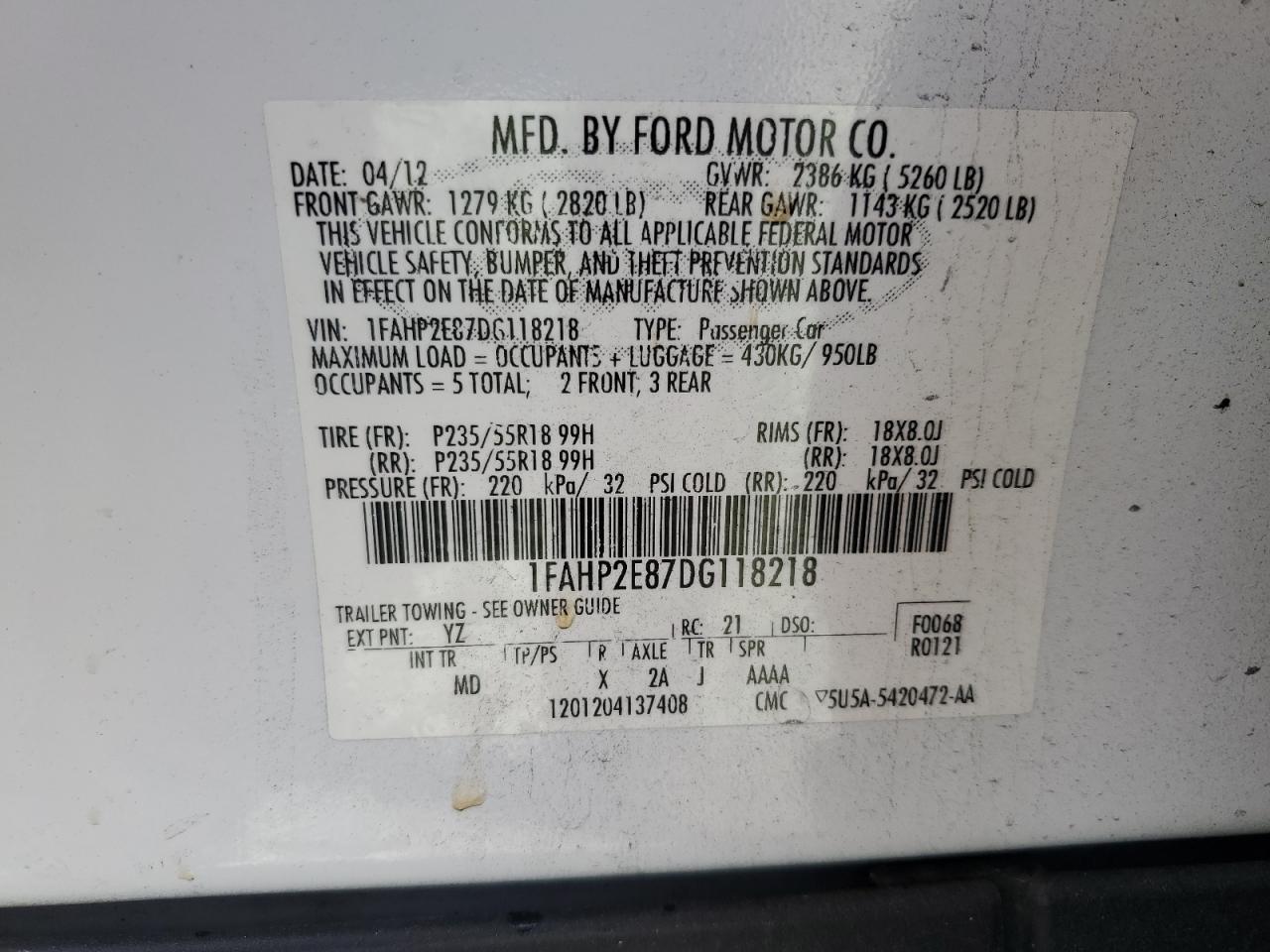 1FAHP2E87DG118218 2013 Ford Taurus Sel