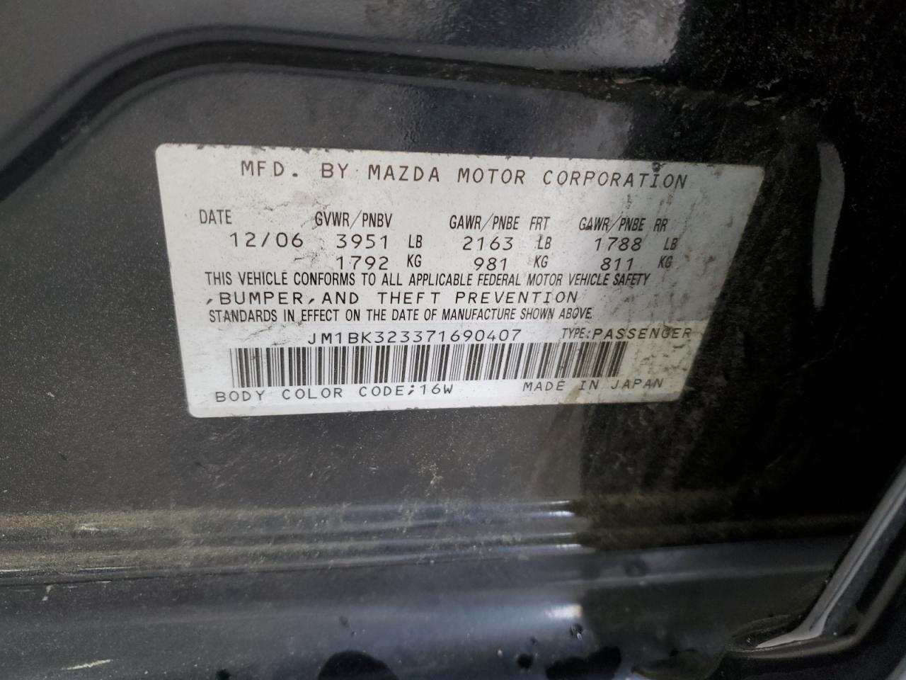 JM1BK323371690407 2007 Mazda 3 S