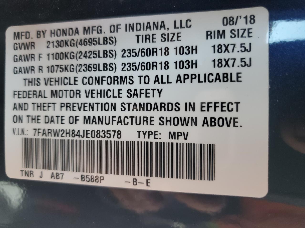 7FARW2H84JE083578 2018 Honda Cr-V Exl