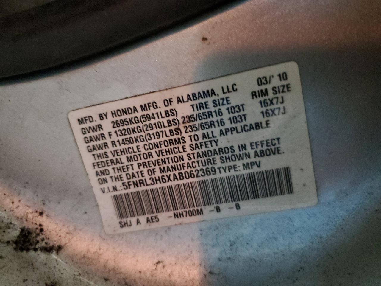 5FNRL3H6XAB062369 2010 Honda Odyssey Exl