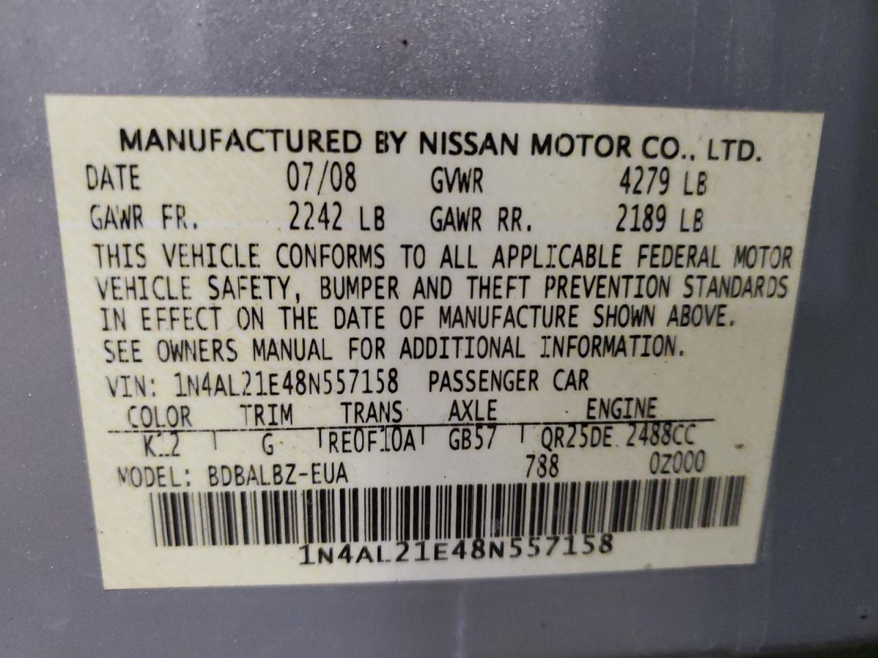 1N4AL21E48N557158 2008 Nissan Altima 2.5