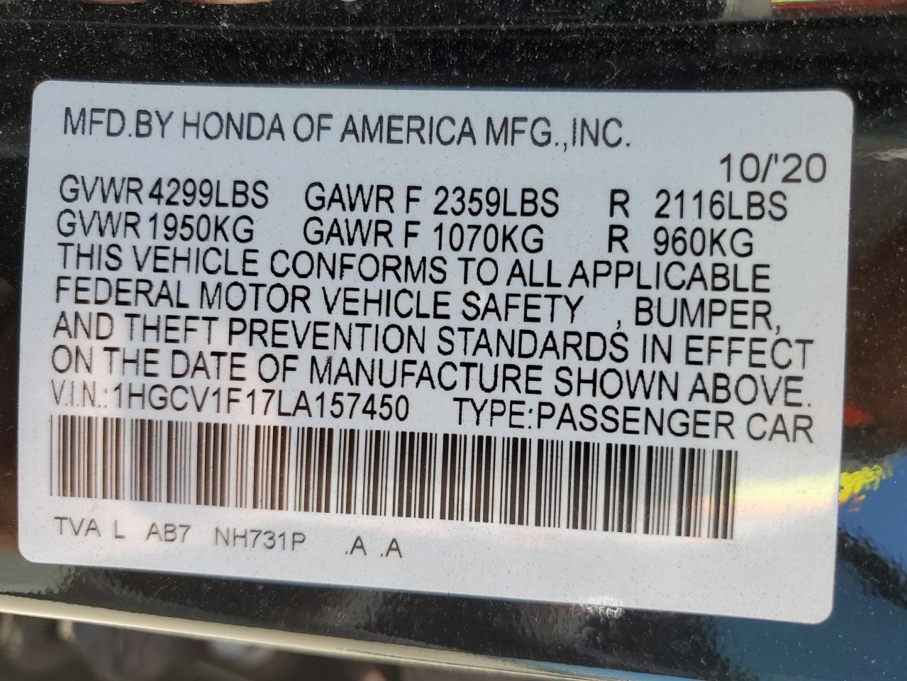 1HGCV1F17LA157450 2020 Honda Accord Lx