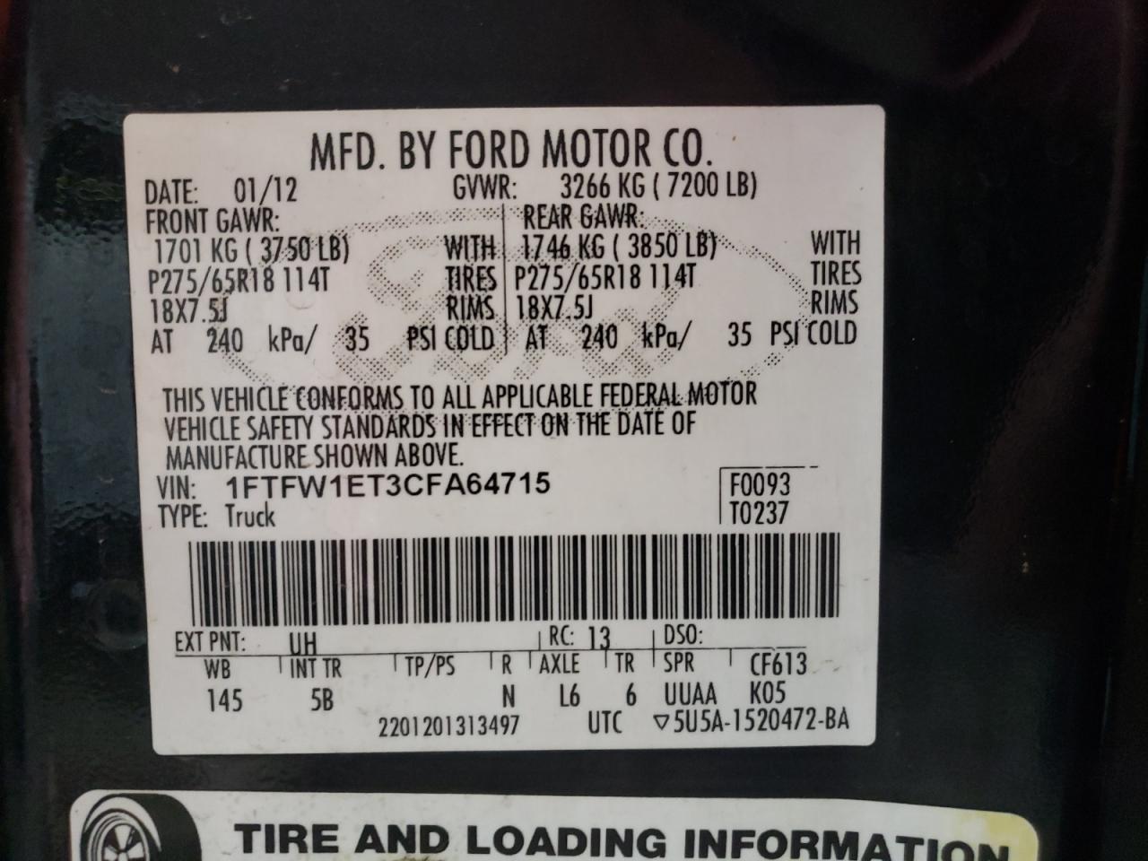 1FTFW1ET3CFA64715 2012 Ford F150 Supercrew