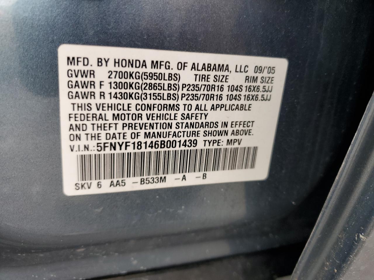 5FNYF18146B001439 2006 Honda Pilot Lx