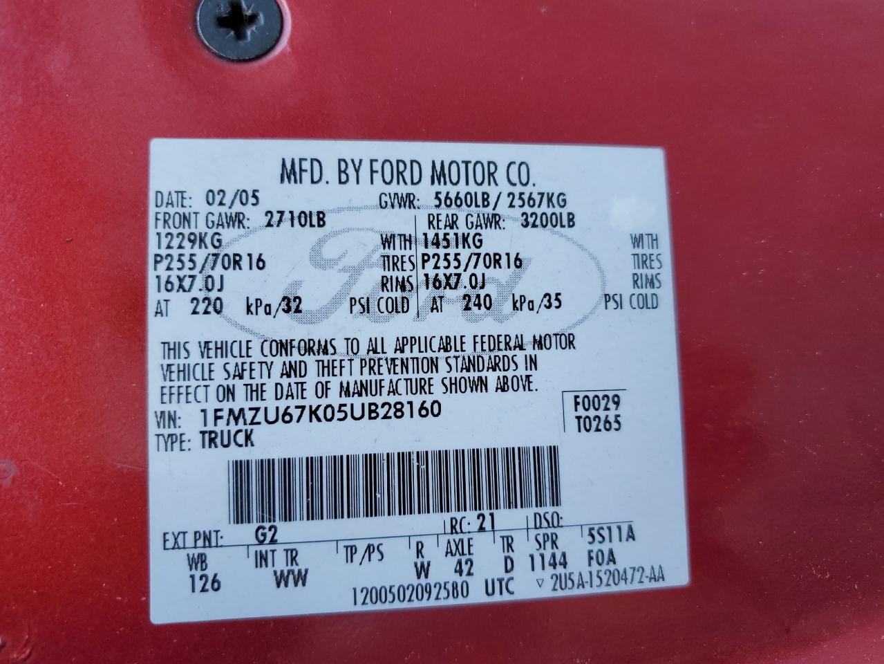 1FMZU67K05UB28160 2005 Ford Explorer Sport Trac