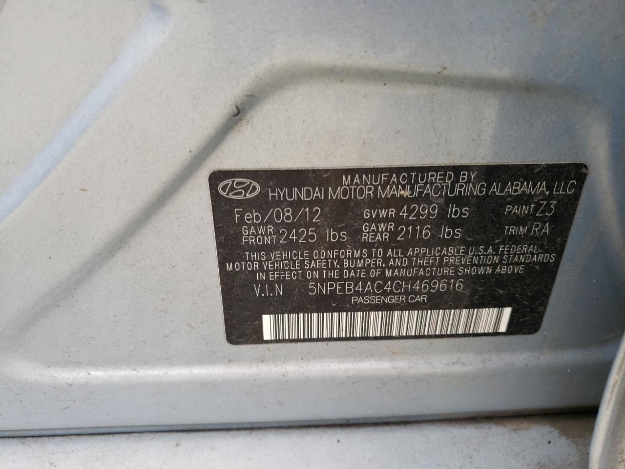 5NPEB4AC4CH469616 2012 Hyundai Sonata Gls