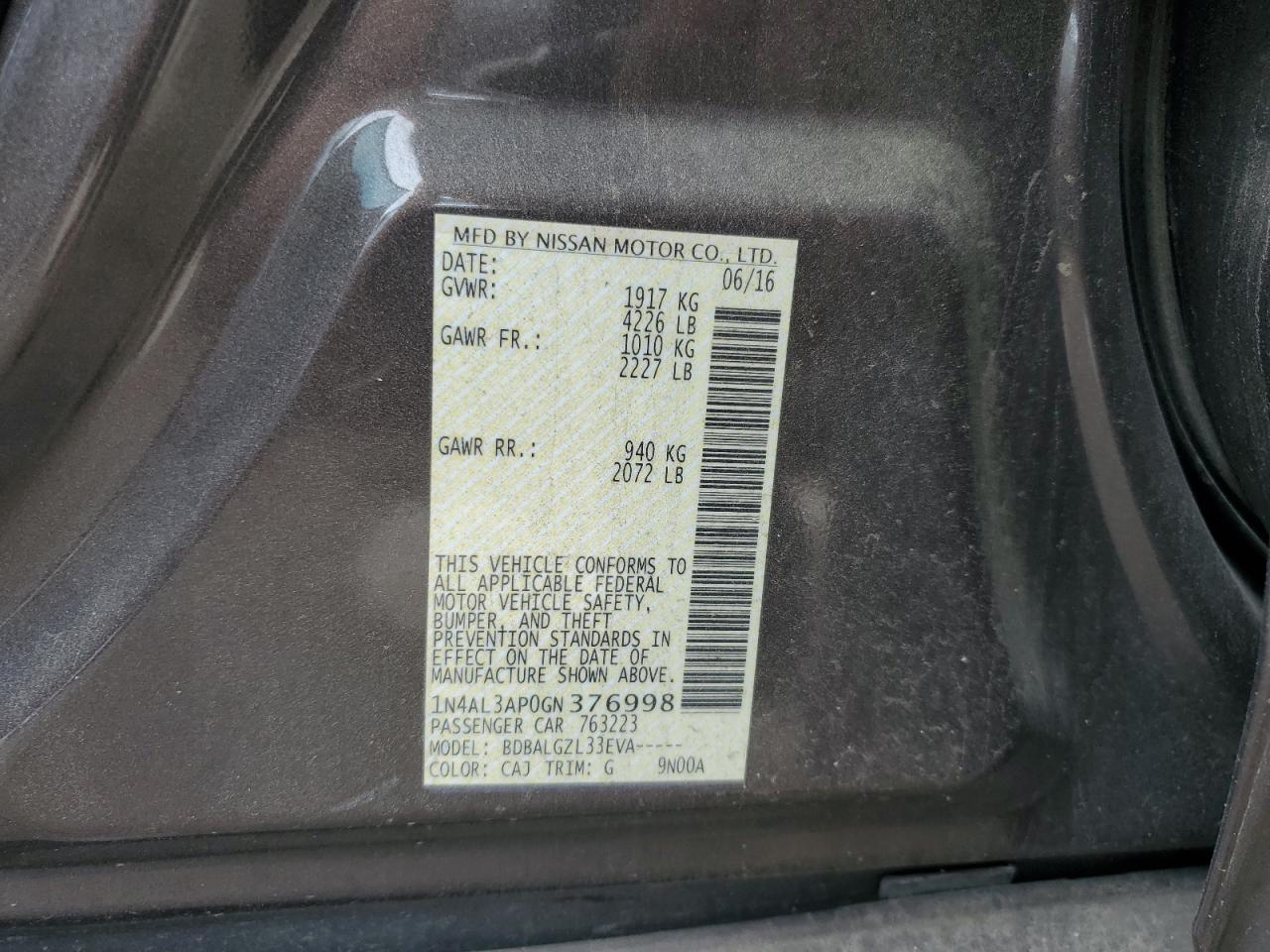 1N4AL3AP0GN376998 2016 Nissan Altima 2.5