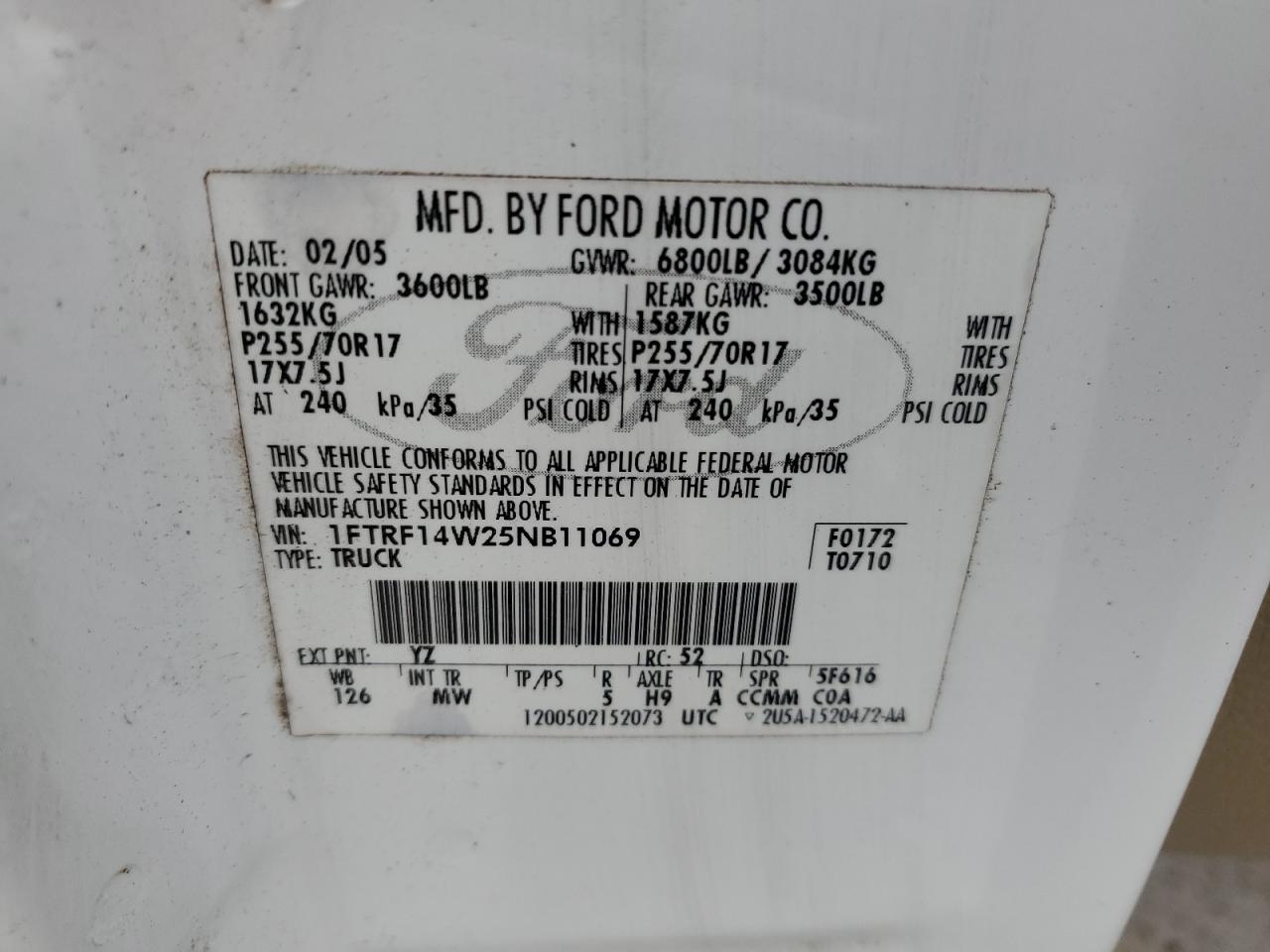 1FTRF14W25NB11069 2005 Ford F150