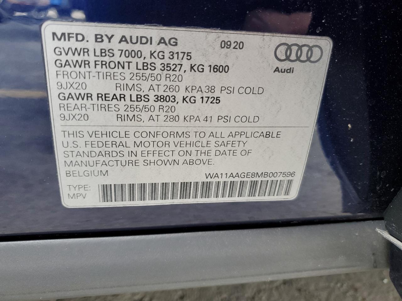 WA11AAGE8MB007596 2021 Audi E-Tron Sportback Premium