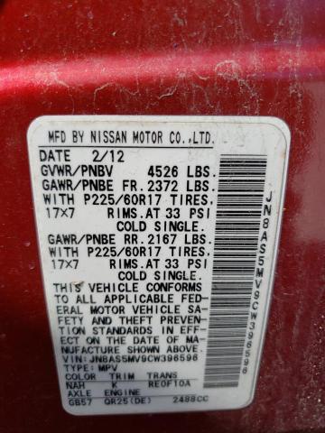 2012 Nissan Rogue S VIN: JN8AS5MV9CW396596 Lot: 51796684