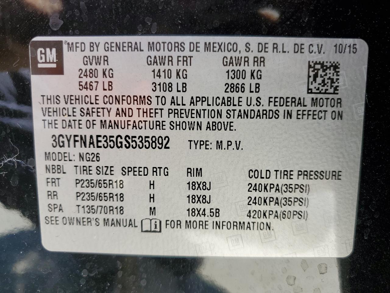 3GYFNAE35GS535892 2016 Cadillac Srx