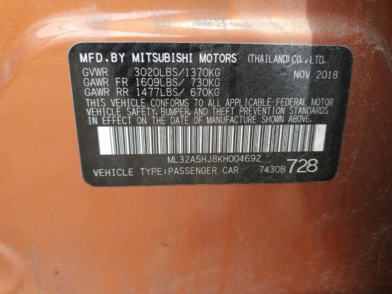 ML32A5HJ8KH004692 2019 Mitsubishi Mirage Le