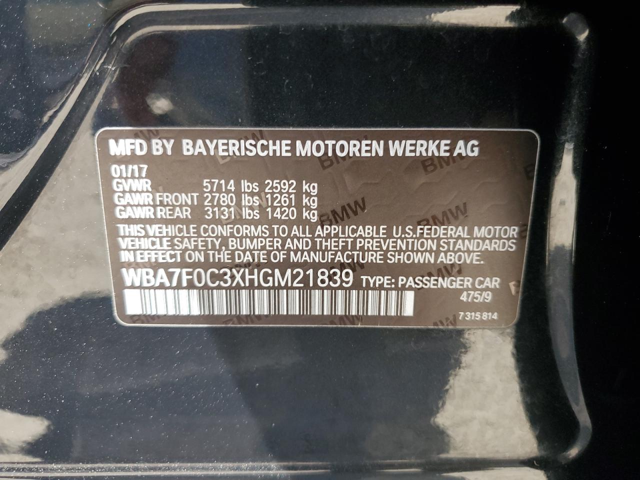 2017 BMW 750 I vin: WBA7F0C3XHGM21839