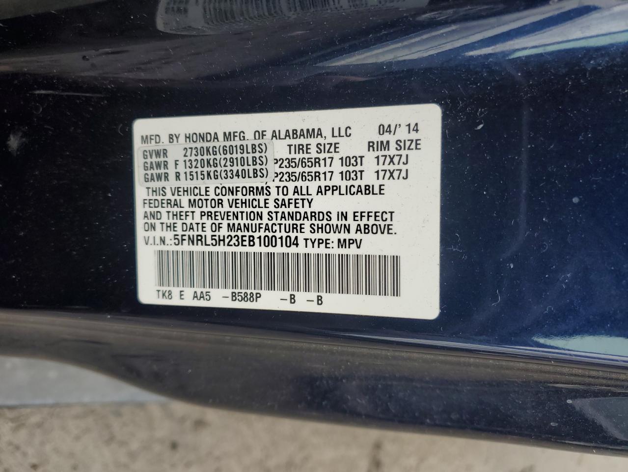 5FNRL5H23EB100104 2014 Honda Odyssey Lx