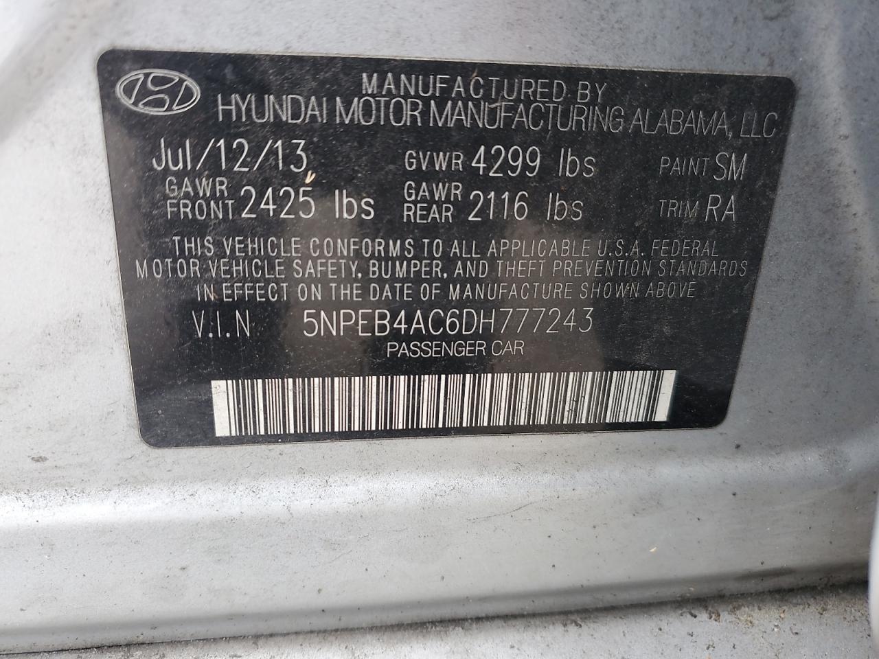 5NPEB4AC6DH777243 2013 Hyundai Sonata Gls