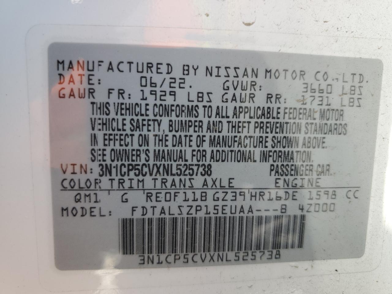 3N1CP5CVXNL525738 2022 Nissan Kicks Sv