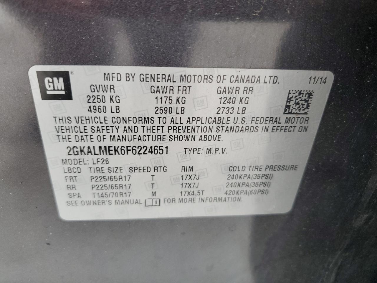 2GKALMEK6F6224651 2015 GMC Terrain Sle