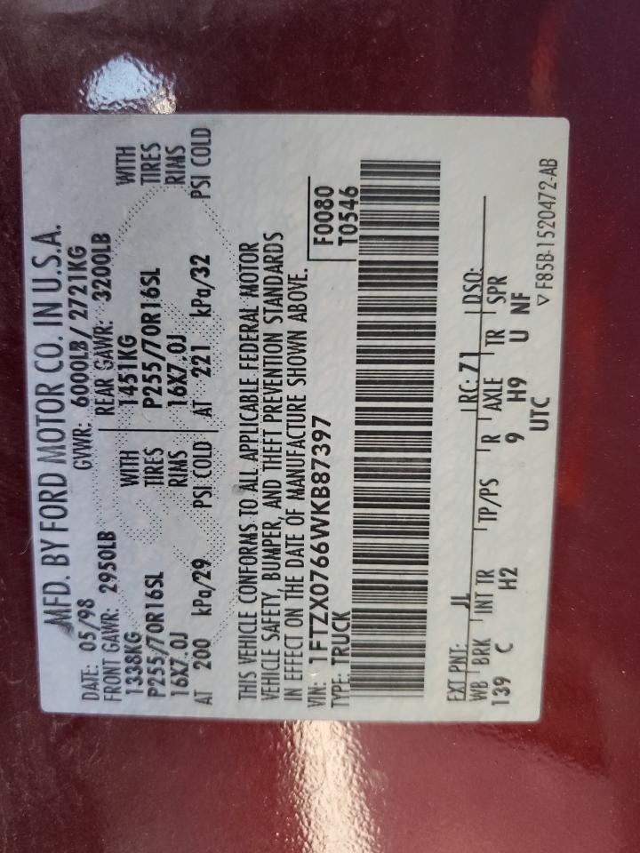 1FTZX0766WKB87397 1998 Ford F150