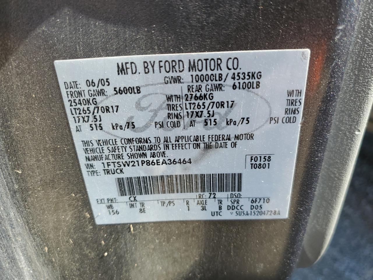 1FTSW21P86EA36464 2006 Ford F250 Super Duty