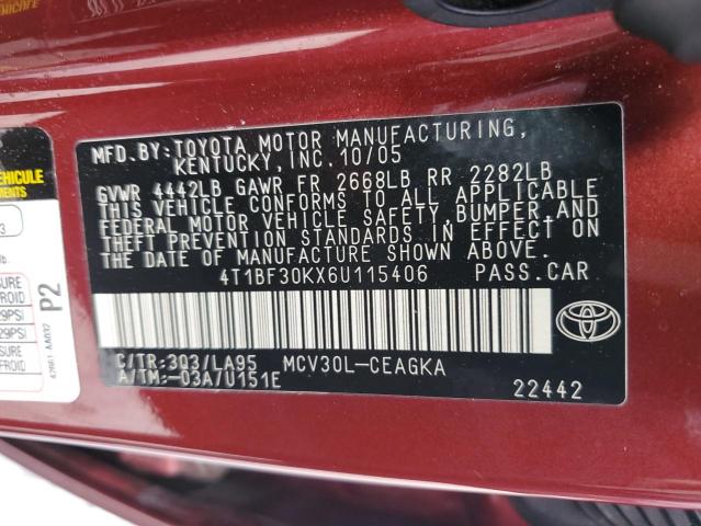 2006 Toyota Camry Le VIN: 4T1BF30KX6U115406 Lot: 52334954