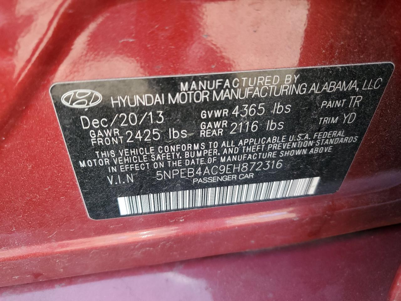 5NPEB4AC9EH872316 2014 Hyundai Sonata Gls