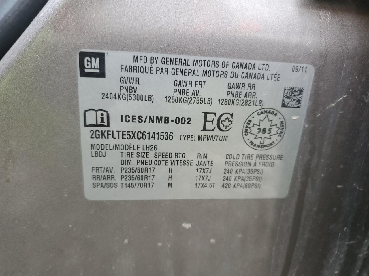 2GKFLTE5XC6141536 2012 GMC Terrain Sle