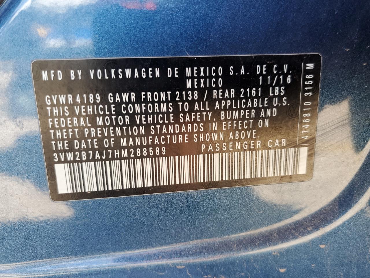 3VW2B7AJ7HM288589 2017 Volkswagen Jetta S