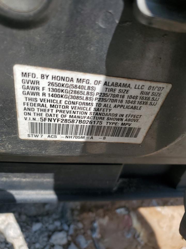 5FNYF28587B026175 2007 Honda Pilot Exl