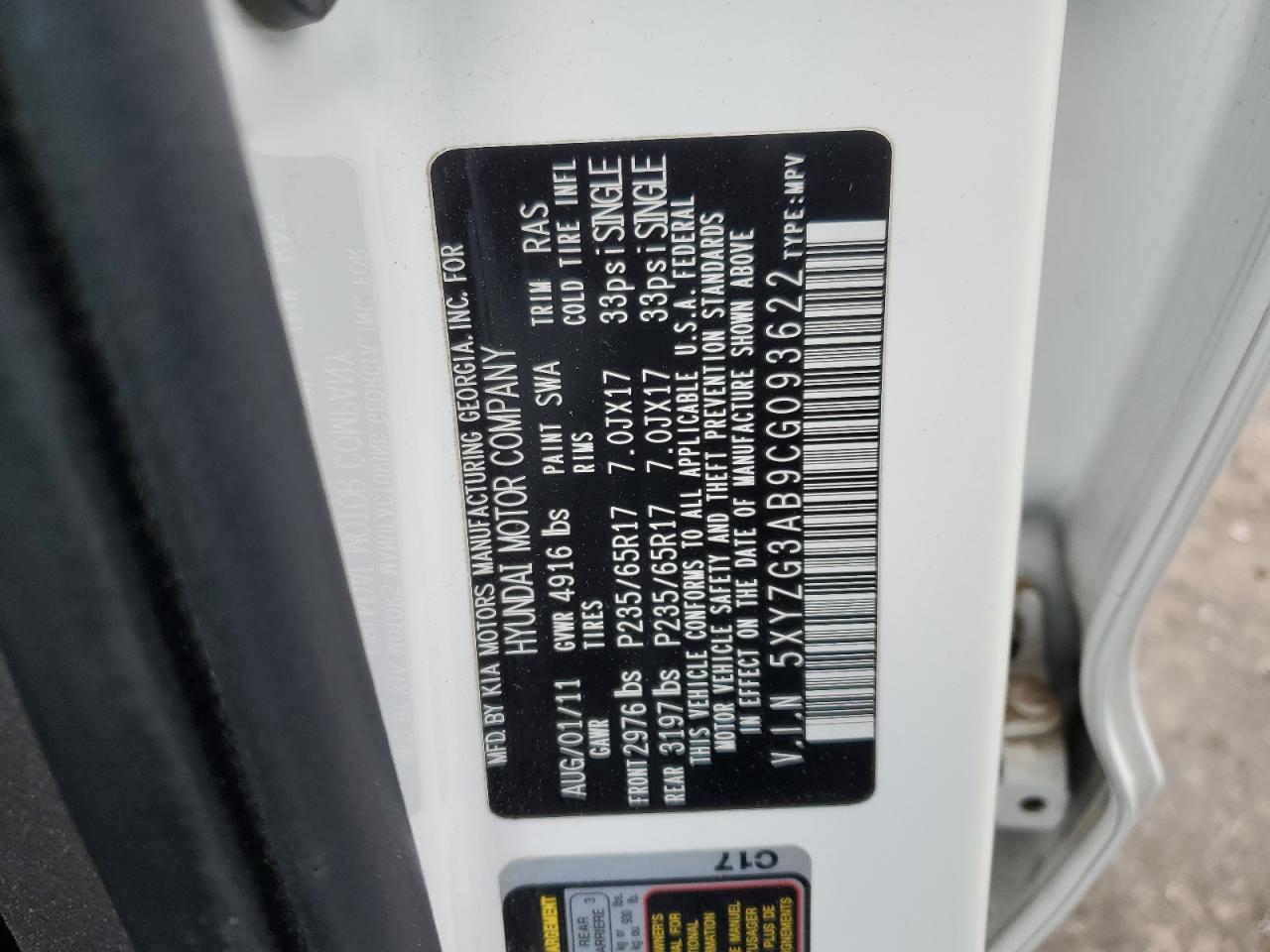 5XYZG3AB9CG093622 2012 Hyundai Santa Fe Gls