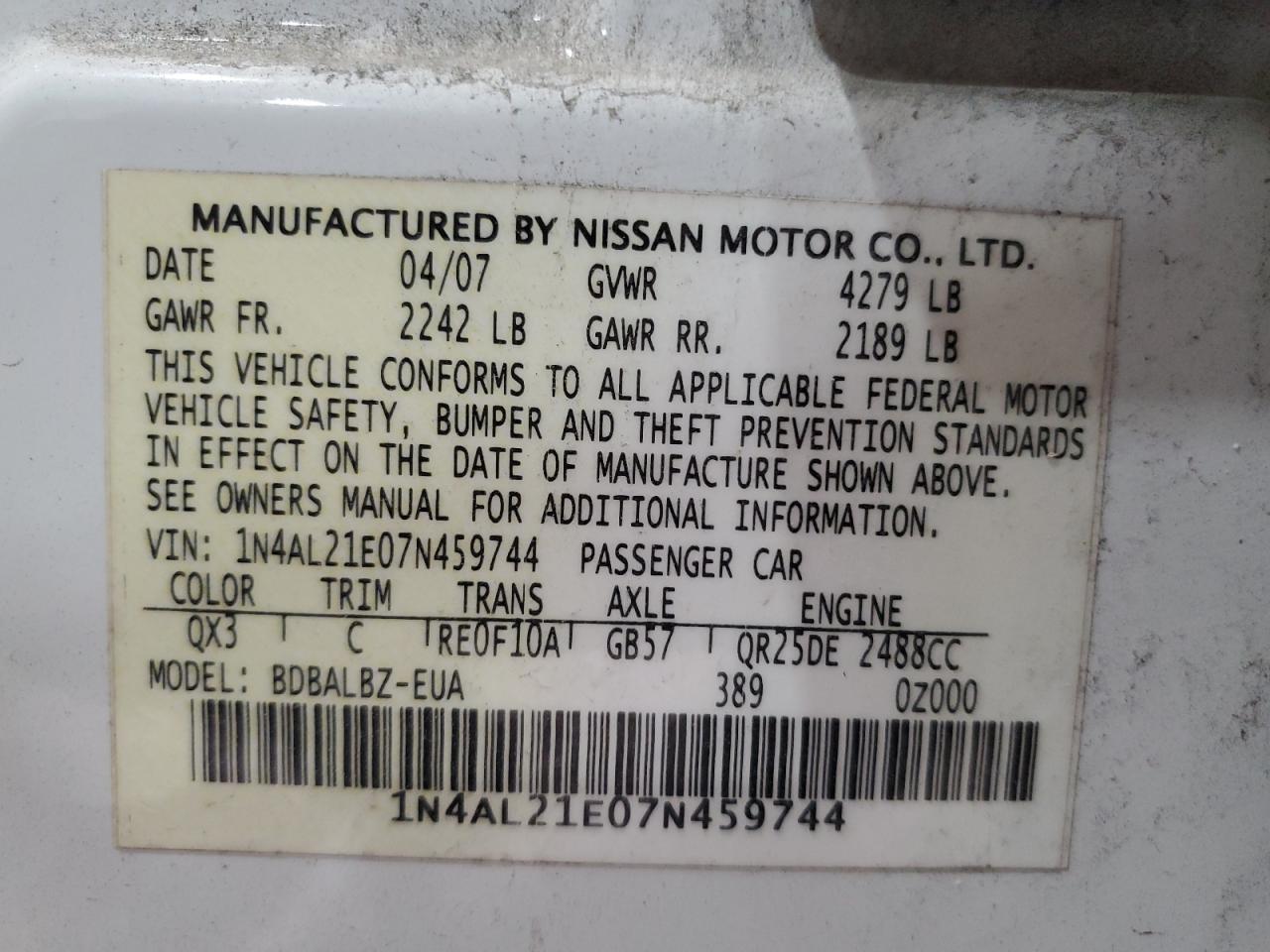 1N4AL21E07N459744 2007 Nissan Altima 2.5