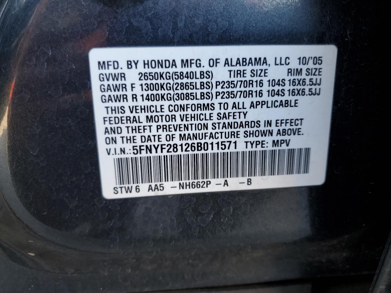5FNYF28126B011571 2006 Honda Pilot Lx