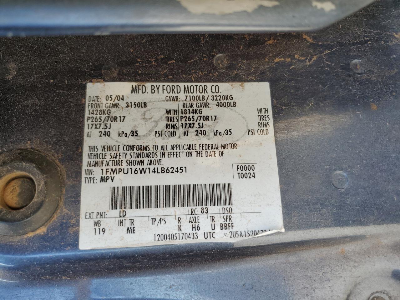 1FMPU16W14LB62451 2004 Ford Expedition Xlt