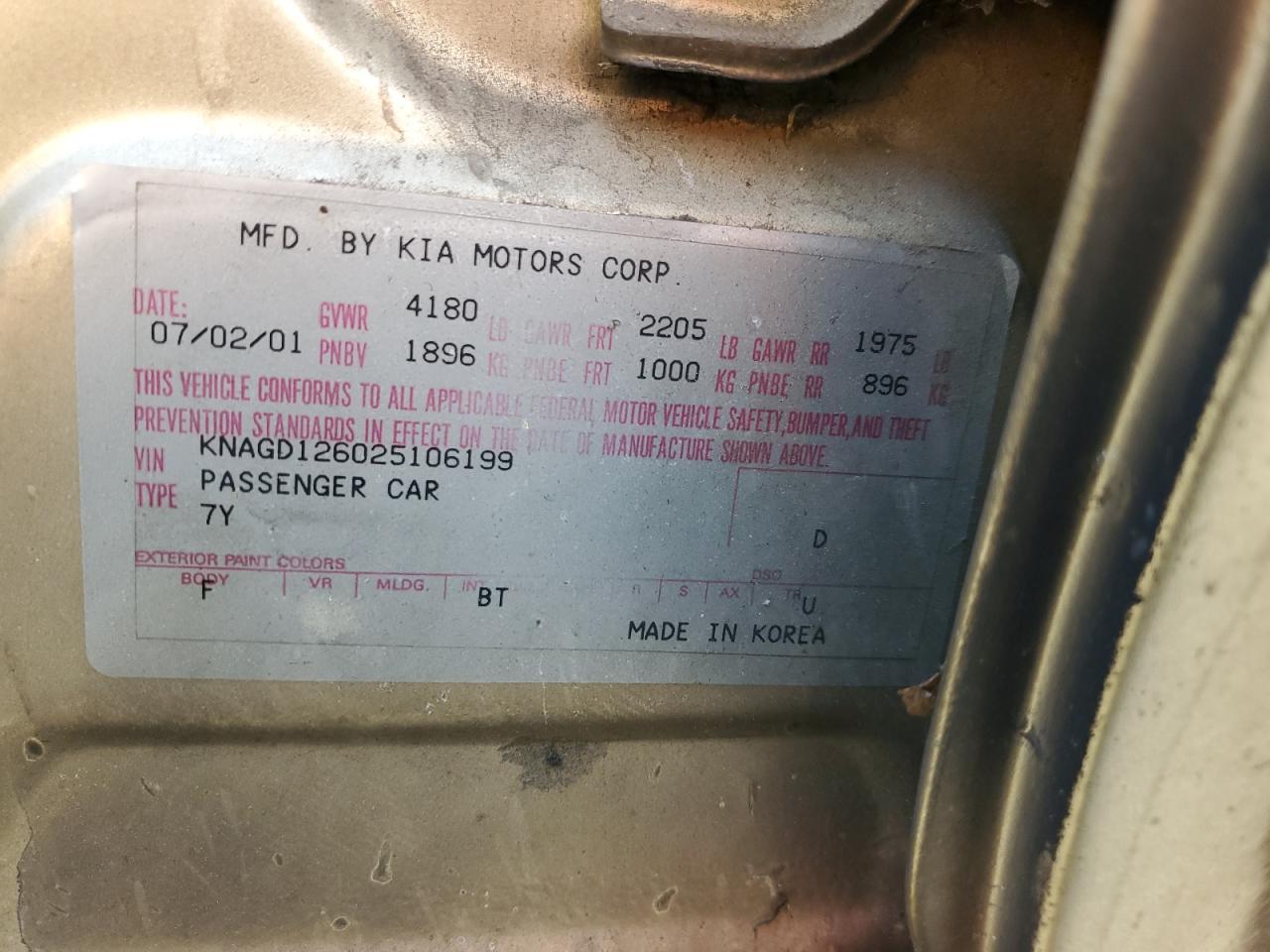 KNAGD126025106199 2002 Kia Optima Magentis