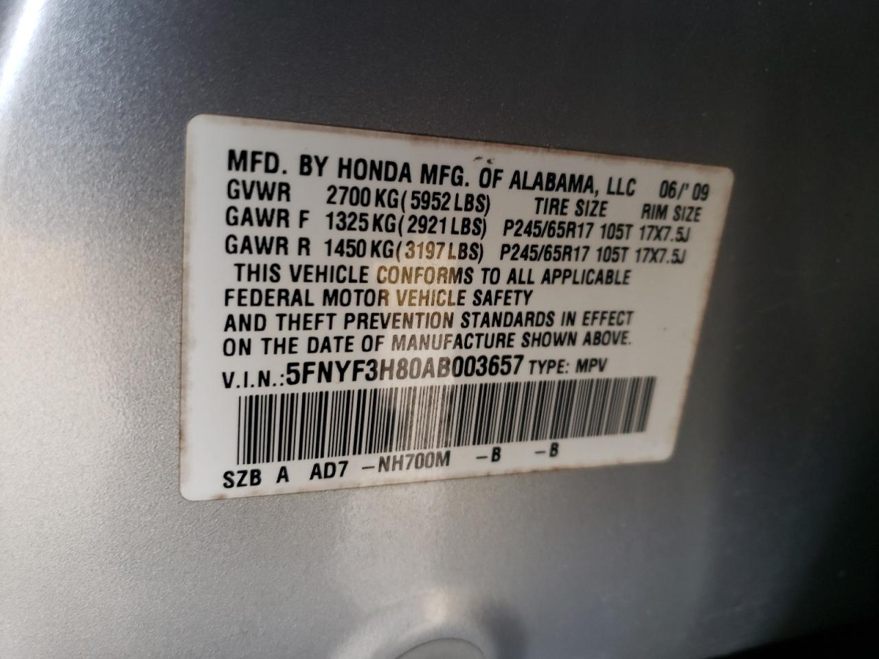 5FNYF3H80AB003657 2010 Honda Pilot Touring