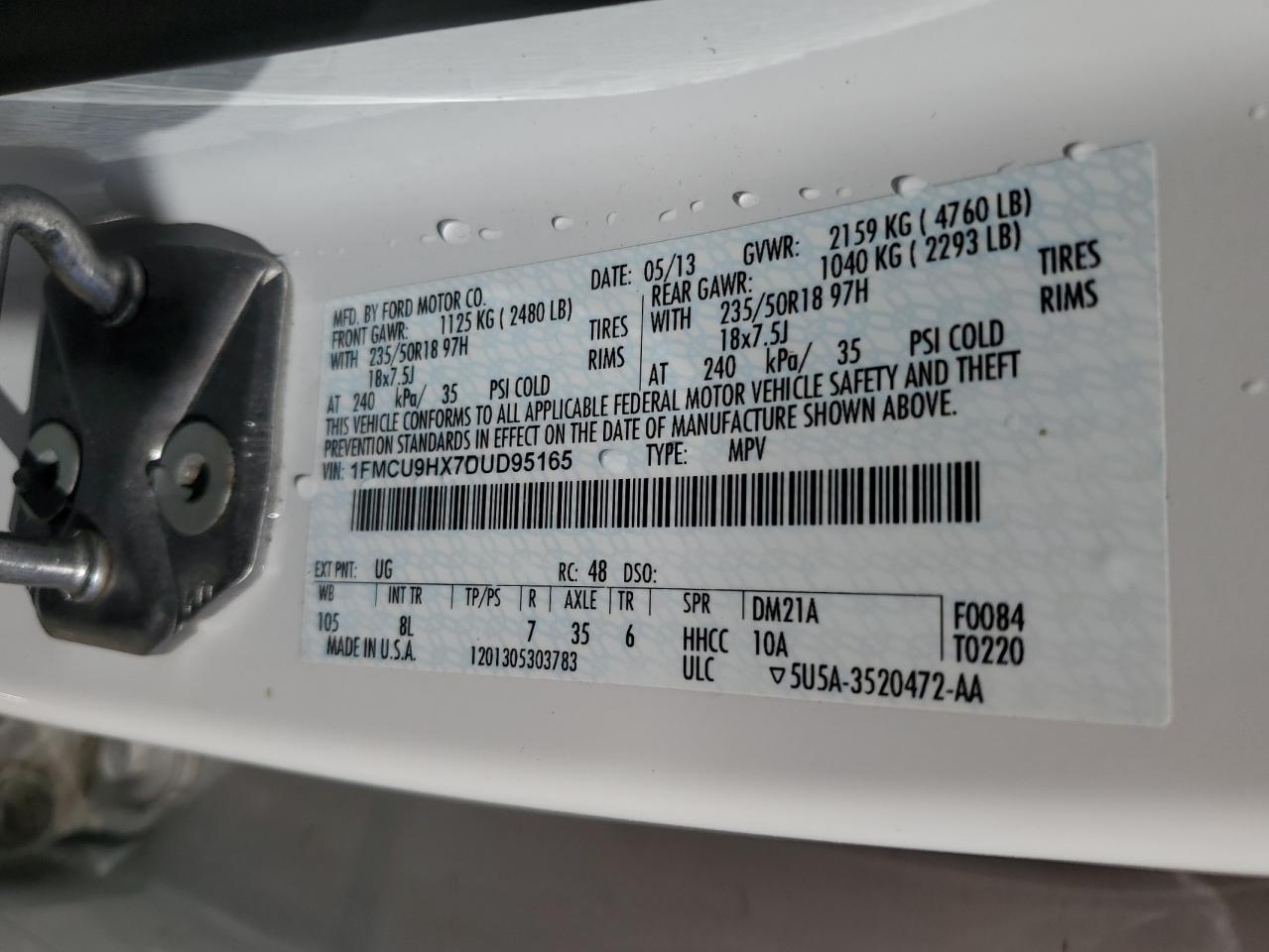 1FMCU9HX7DUD95165 2013 Ford Escape Sel