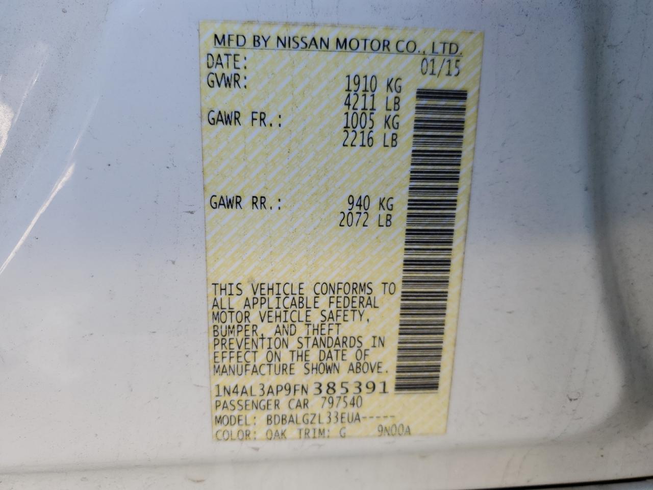 1N4AL3AP9FN385391 2015 Nissan Altima 2.5