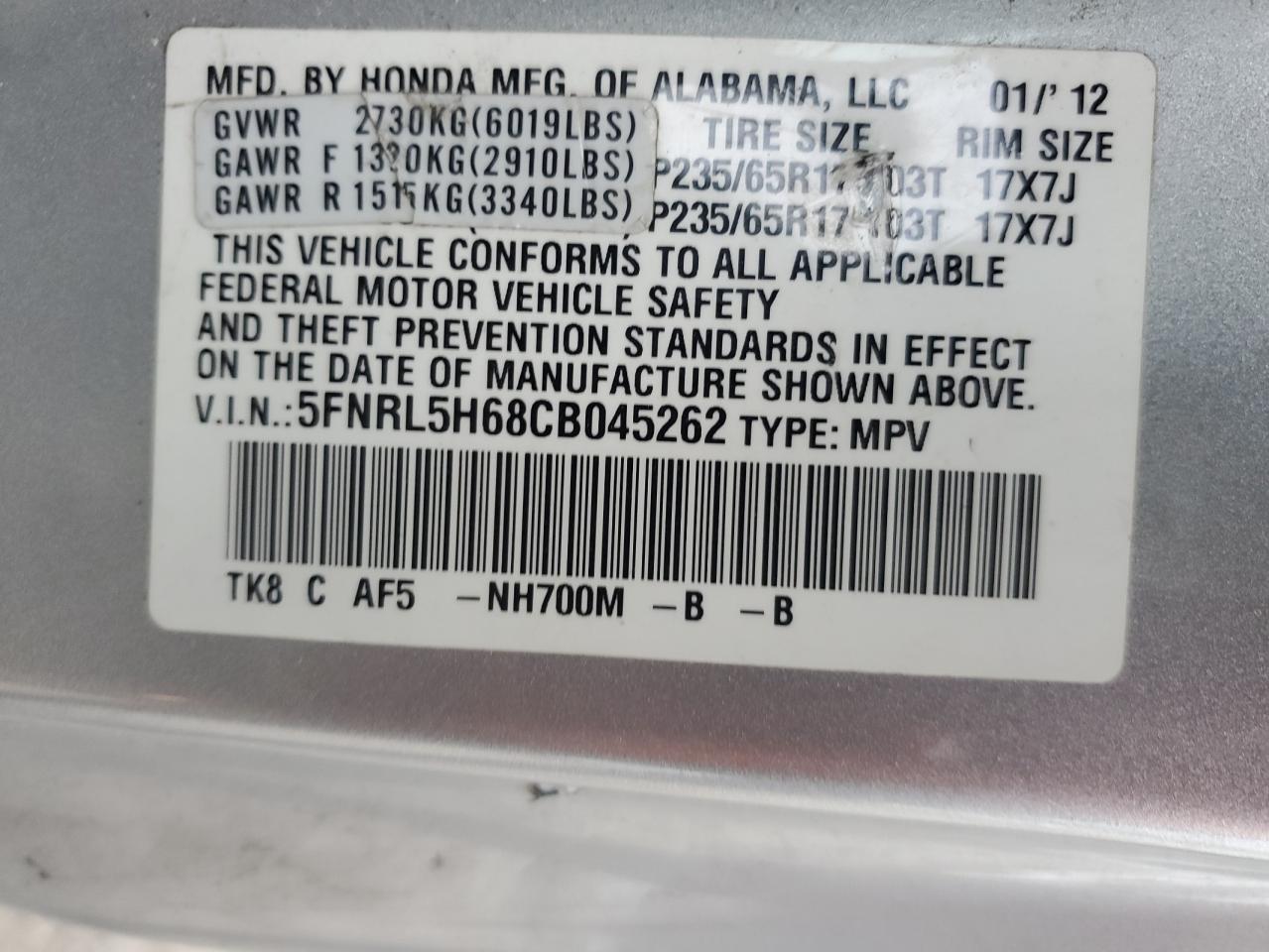 5FNRL5H68CB045262 2012 Honda Odyssey Exl