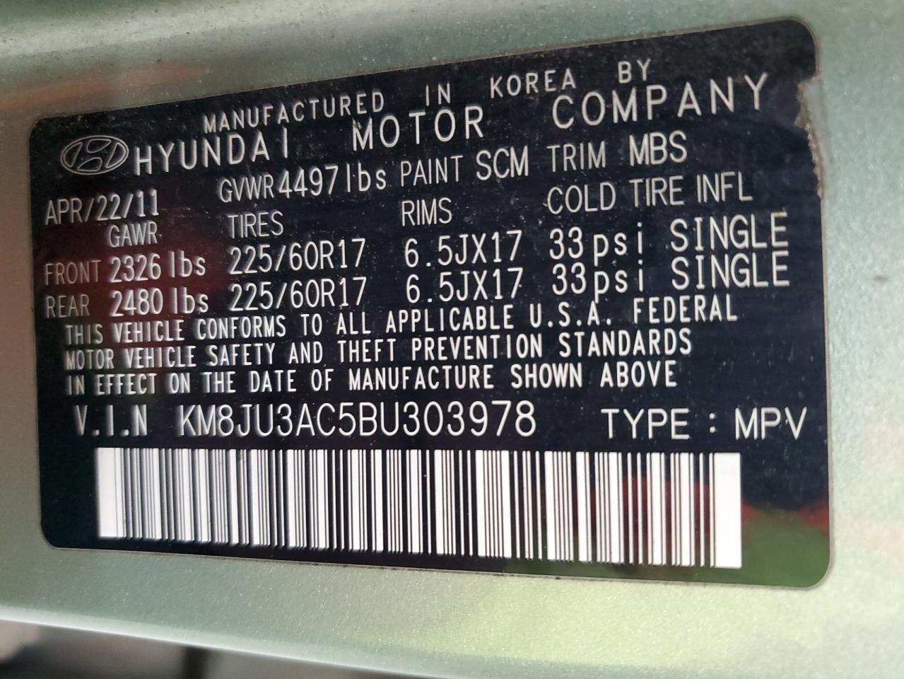 KM8JU3AC5BU303978 2011 Hyundai Tucson Gls