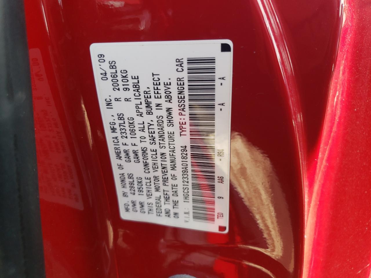 1HGCS12339A018294 2009 Honda Accord Lx