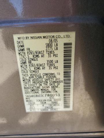 2005 Nissan Pathfinder Le VIN: 5N1AR18U15C780051 Lot: 52016274