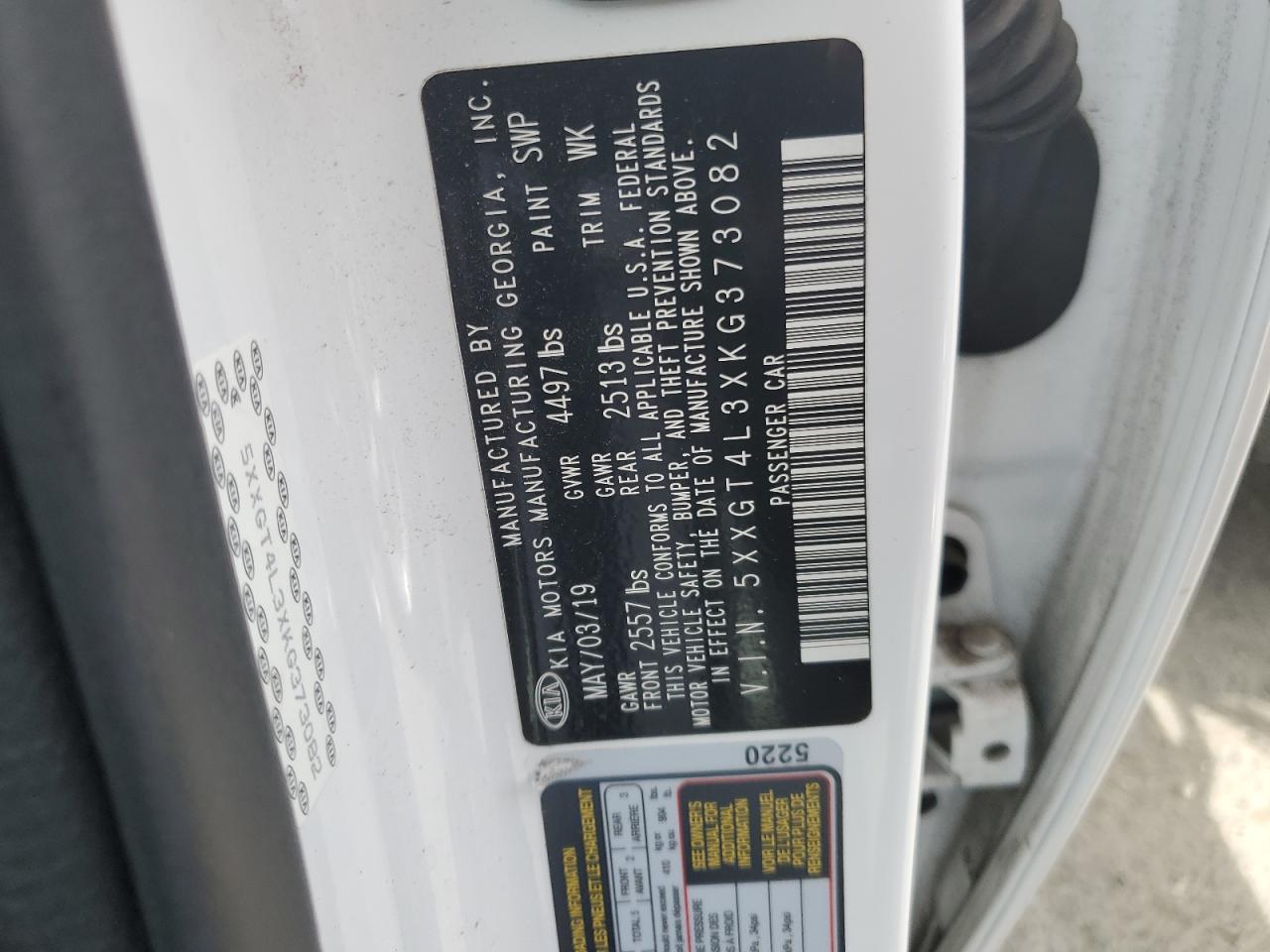 5XXGT4L3XKG373082 2019 Kia Optima Lx