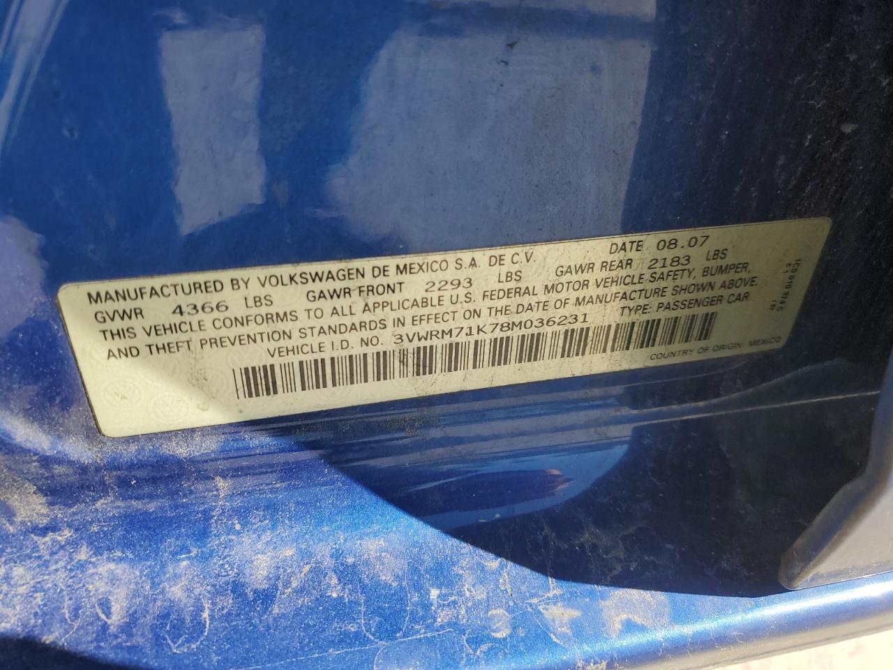 3VWRM71K78M036231 2008 Volkswagen Jetta Se