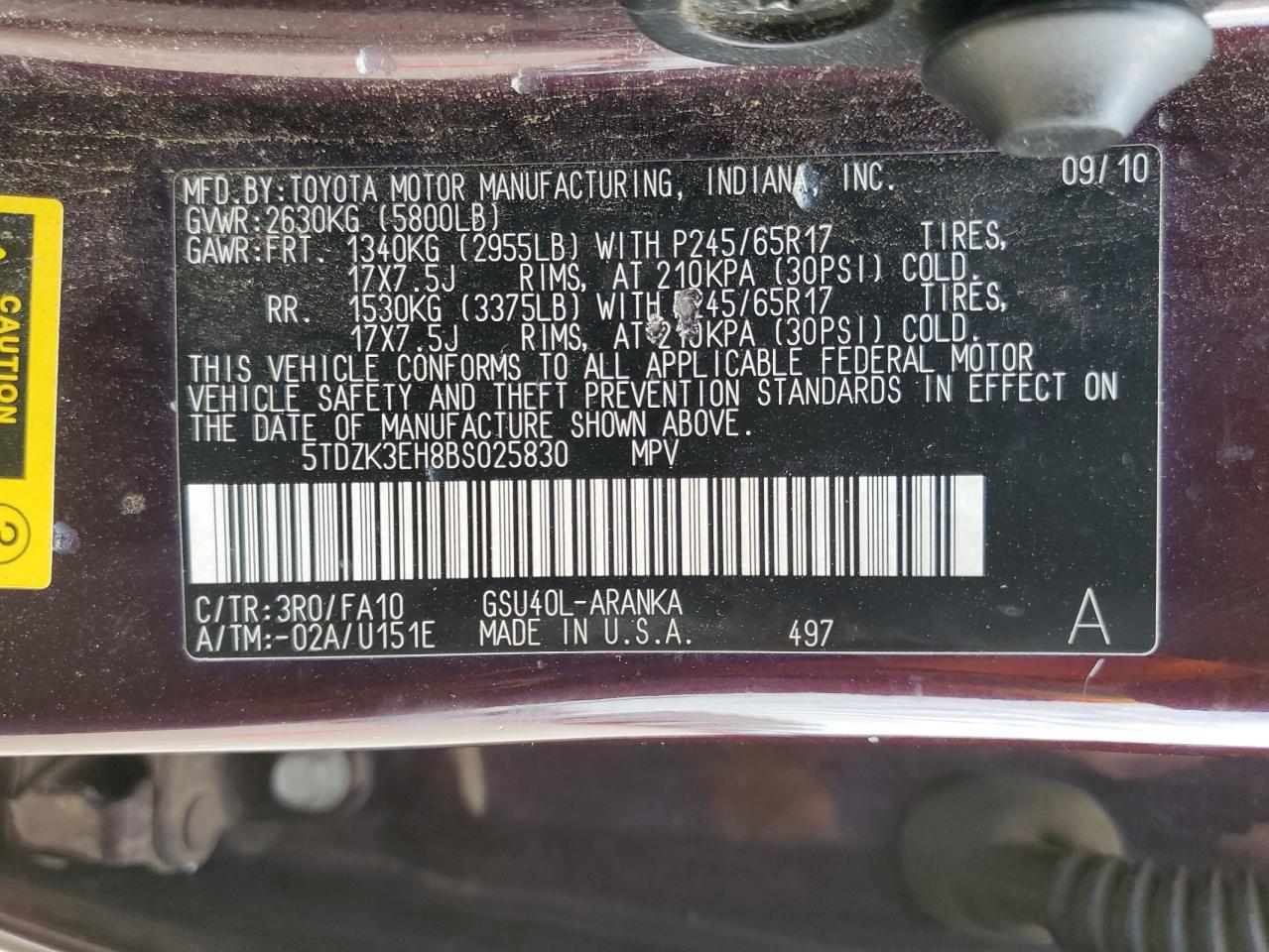 5TDZK3EH8BS025830 2011 Toyota Highlander Base