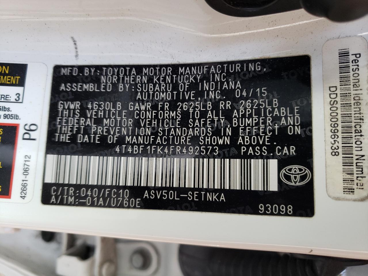 4T4BF1FK4FR492573 2015 Toyota Camry Le