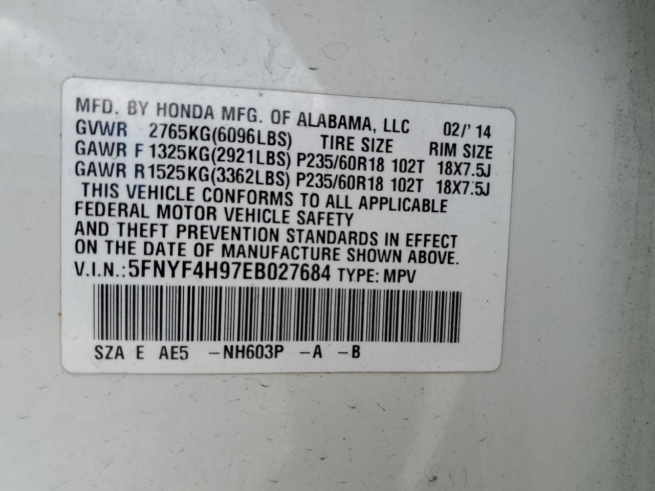 5FNYF4H97EB027684 2014 Honda Pilot Touring