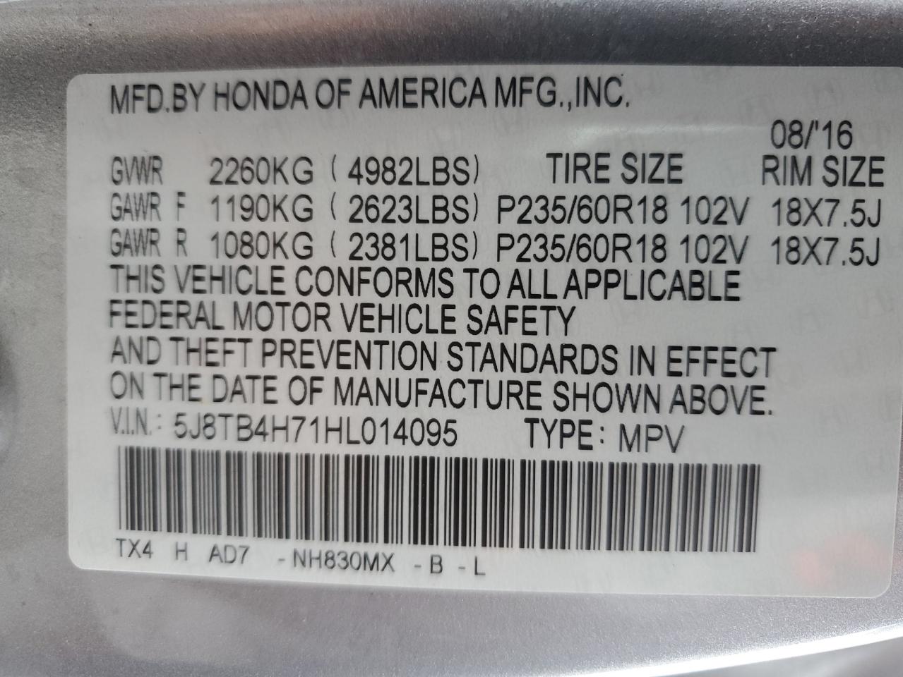 5J8TB4H71HL014095 2017 Acura Rdx Advance