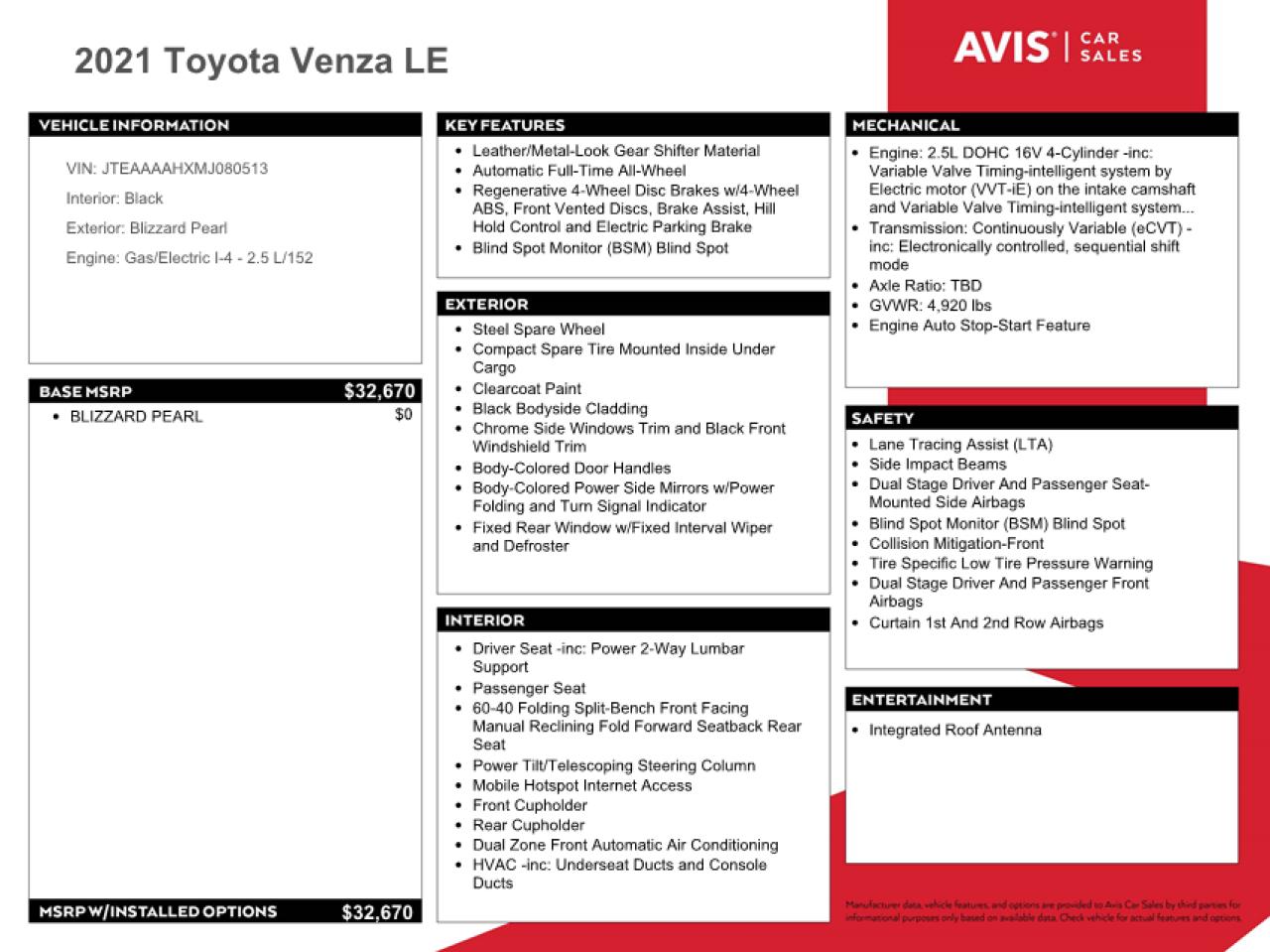 2021 Toyota Venza Le vin: JTEAAAAHXMJ080513