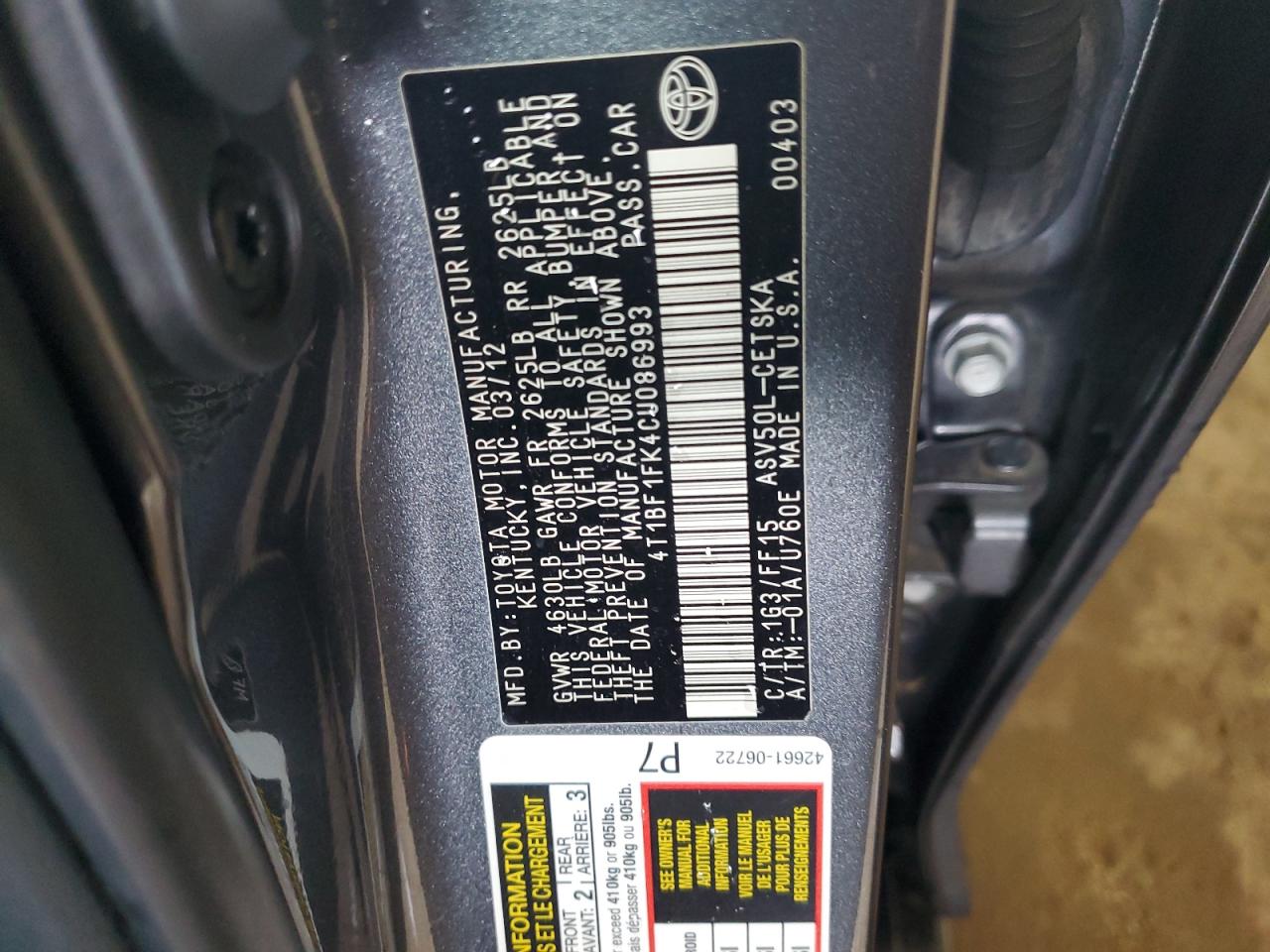 4T1BF1FK4CU086993 2012 Toyota Camry Base