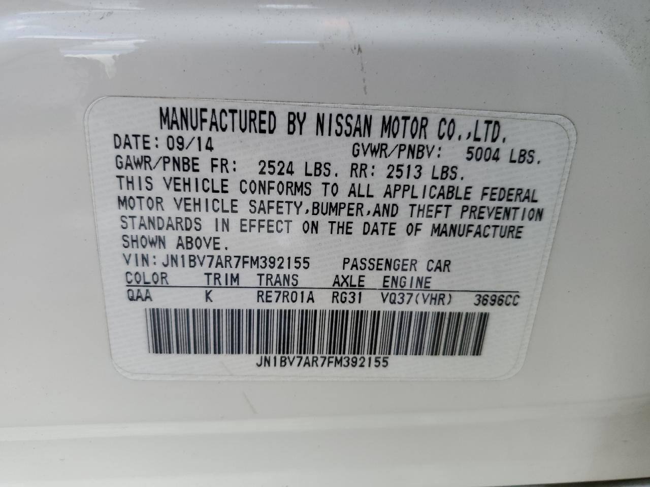 JN1BV7AR7FM392155 2015 Infiniti Q50 Base